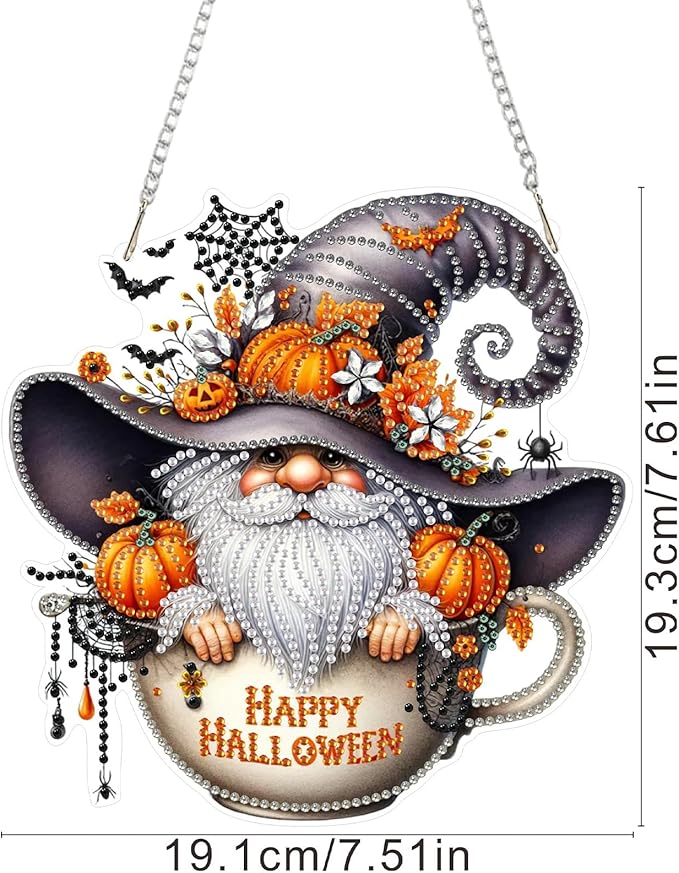 SENQAO Happy Halloween Gnome Diamond Art Hanging Kits for Adults Beginners, DIY Acrylic 5D Special Shaped Crystal Diamond Gem Art Painting Hanging Ornament for Home Wall Decor and Gift