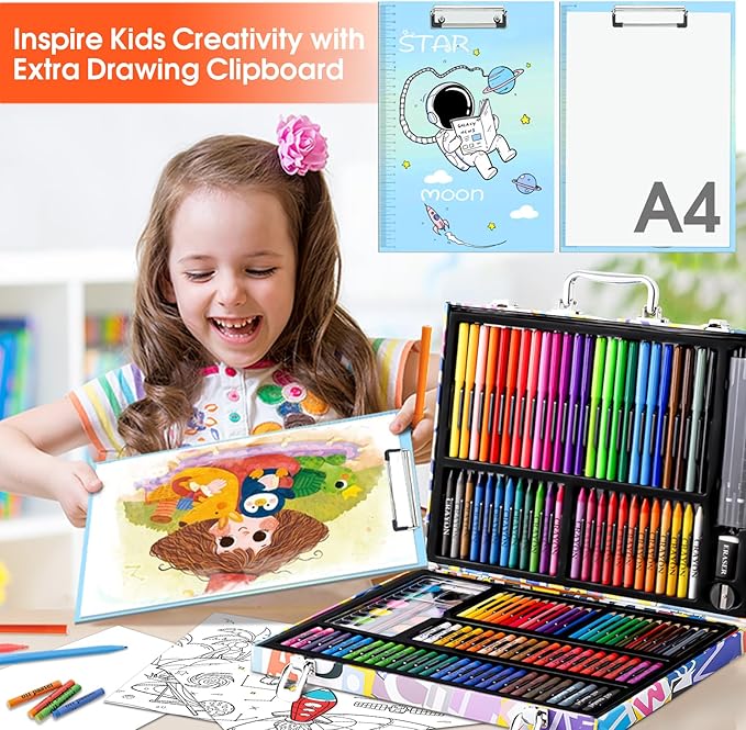 Art Supplies, 180 Pack Drawing Painting Set for Kids Girls Boys Teens, Coloring Art Kit Gift Case with Clipboard, Coloring Papers, Oil Pastels, Crayons, Colored Pencils, Watercolor Cakes, Markers
