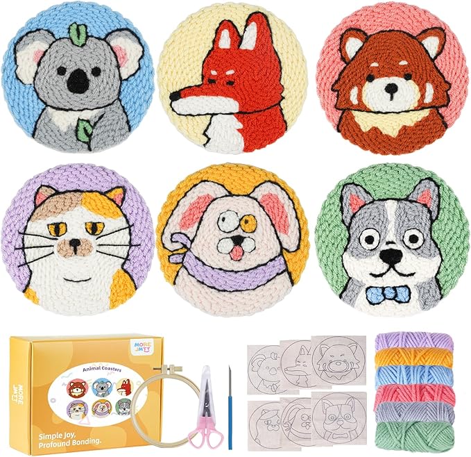 punch needle kit-6,embroidery kit for beginners,punch needle kits adults beginner,needles, curved scissors, a tool storage box, yarn, easy-to-follow instructions, and tutorial videos(6 animal coaster)