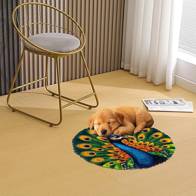 Latch Hook Rug Kit Peacock Stamped Handmade Round Shape Carpet Crochet Yarn Craft DIY Hook and Latch Door Mat Tapestry for Christmas Home Floor Decor 50x50cm(4)