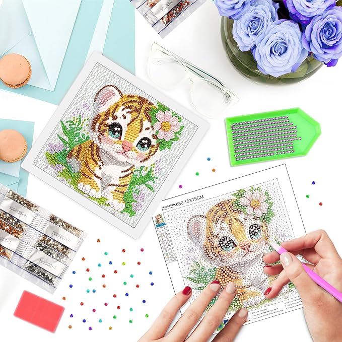 SENQAO Tiger Diamond Art Kit for Adults with Frame Art and Crafts for Adults Ages 6-8 -10-12 Easy to DIY Diamond Art for Adults and Adult Beginners Home Wall Decoration 7.1x7.1inch