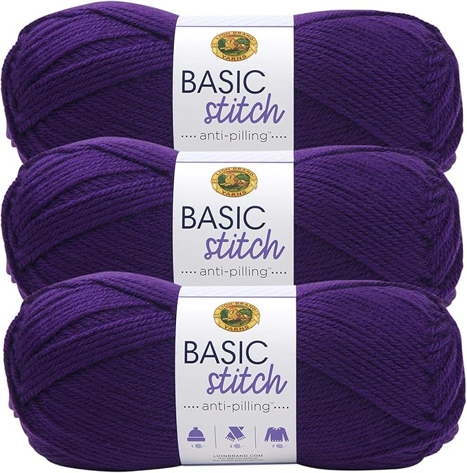 Lion Brand Yarn Basic Stitch Anti-Pilling Yarn for Crocheting, Knitting, and Crafts, Purple, 3 Pack