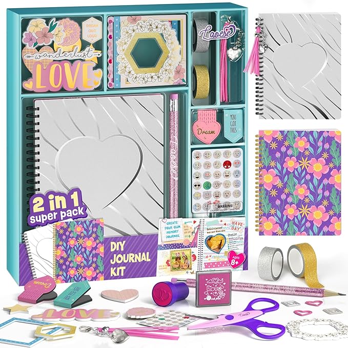 laoese 2-pack diy journal kit for girls -christmas birthday gifts for girls 8 9 10 11 12 13 14 years old - arts & crafts for teens trendy stuff - scrapbook & diary supplies toys set