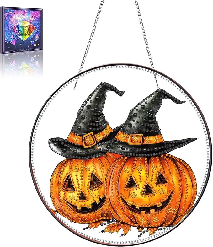 Wergund 5D Halloween Diamond Art Hanging Kits, Hanging Diamond Art Pumpkin, Acrylic Special Shaped Rhinestone, Window Hanging Pendants for Home Wall Garden Front Door Outdoor Decor Gift(Halloween)