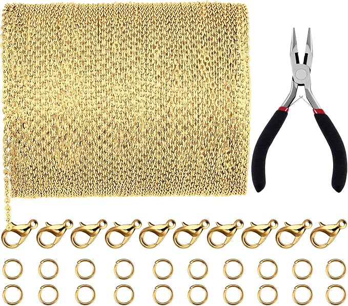 JOVITEC 39.4 Feet 2 mm Gold Chain for Jewelry Making Gold Link Necklace Chains with 30 Pieces Lobster Clasps and 100 Pieces Jump Rings for DIY Jewelry Making Accessories