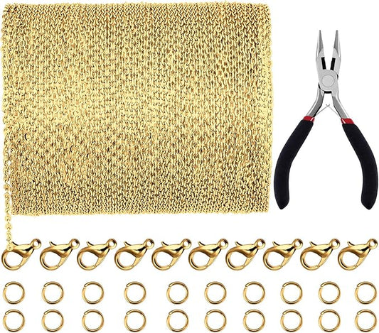 JOVITEC 39.4 Feet 2 mm Gold Chain for Jewelry Making Gold Link Necklace Chains with 30 Pieces Lobster Clasps and 100 Pieces Jump Rings for DIY Jewelry Making Accessories