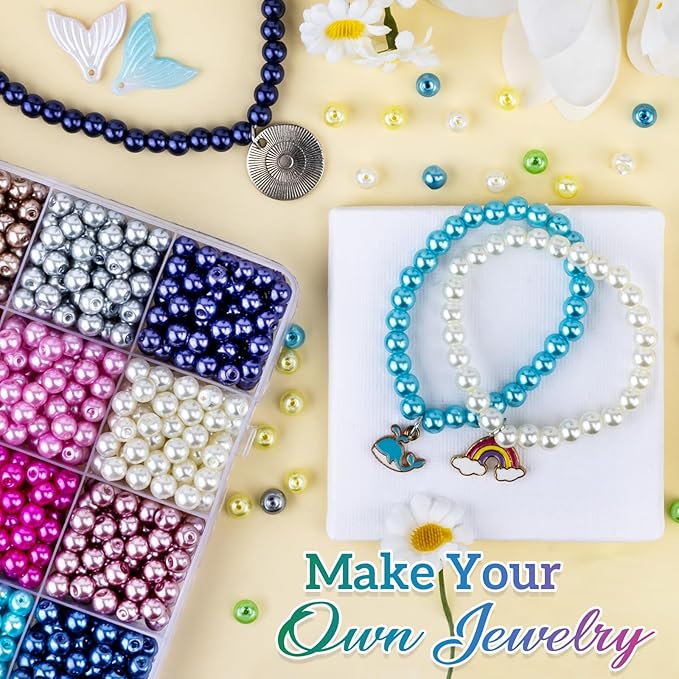 XSEINO About 1200+ PCS 6mm Imitation Pearl Style Glass Beads Bracelet Making Kit, 24 Assorted Colors Imitation Pearl Series Crystal Beads for Jewelry Making and DIY Crafts, Friendship Bracelets