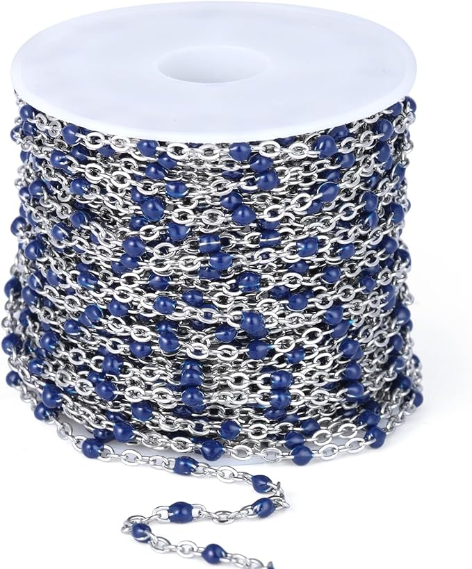 33 Feet Stainless Steel Enamel Chains Bulk, 2mm 304 Stainless Steel Navy Blue Enamel Beaded Cable Link Chain Roll Spool for Jewelry Making