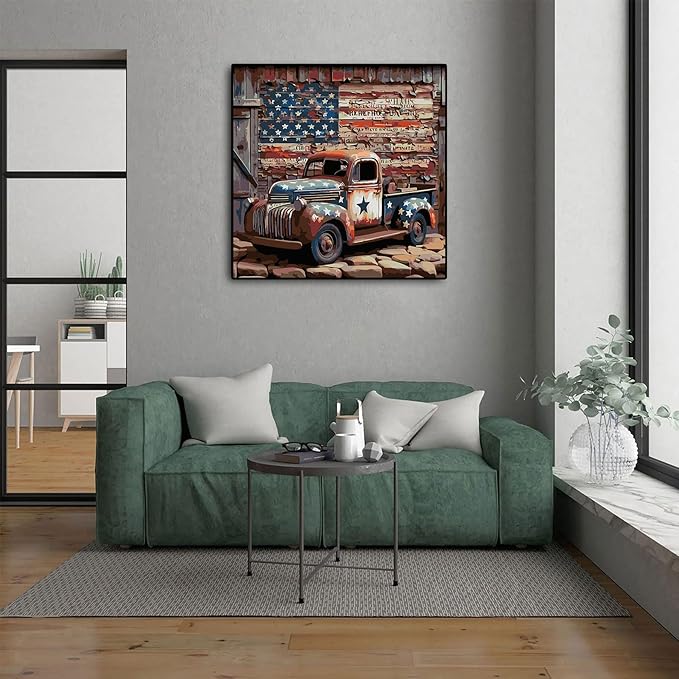 CHWGLFGG Vintage Truck Paint by Numbers Kit for Adults On Canvas,DIY Easy Adult Paint by Number Kits American Flag,Paint by Color Acrylic Paint Painting Home Wall Decor 16x16inch (Without Frame)