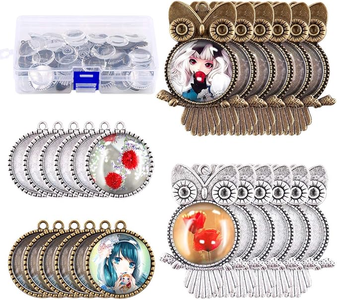 Glarks 48-Pieces Mixed Antique Bronze Silver Owl & Tree Bezel Pendant Tray with Glass Cabochons Charm Cameo Tray for Bracelet Necklace Crafting DIY Jewelry Gift Making