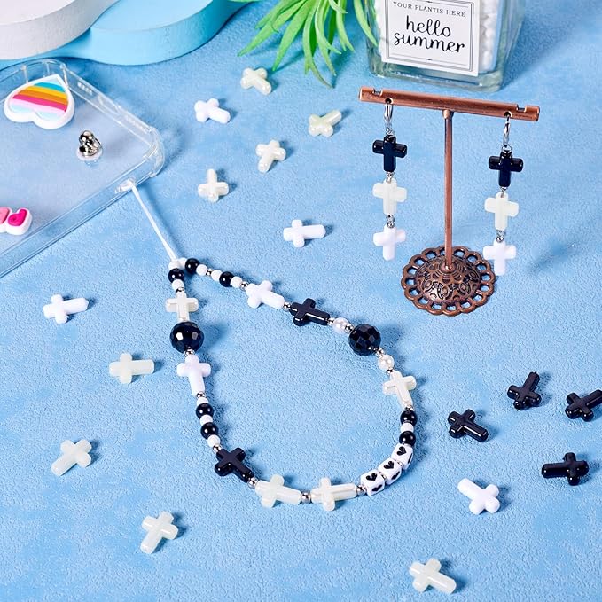 FASHEWELRY 100Pcs Black White Acrylic Cross Beads - Cute Mini Crucifix Loose Rosary Spacer for Easter, DIY Bracelet, Necklace, Jewelry Making, Earring
