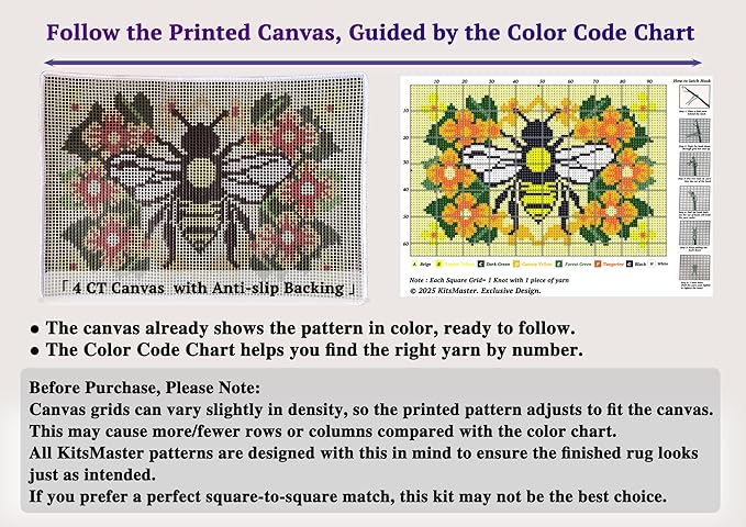 Golden Bee and Flower Latch Hook Kit, Vibrant Floral Bee Rug Design for Home Décor, Nature Inspired Latch Hook Rug , DIY Rug Making Kit for Adults & Beginners, 23.6''x15.8'' (Bee & Blossoms)