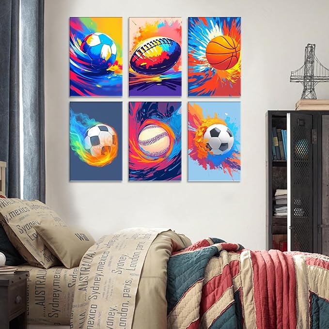 Basketball and Soccer 6 Pack Paint by Numbers for Adults Beginner Balls Oil Painting Kits on Canvas with Brushes and Acrylic Painting DIY Sports Lovers Crafts Home Wall Decor 8x11.8 Inch (Frameless)