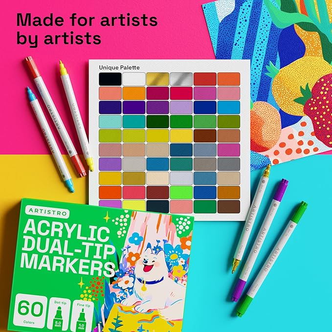 ARTISTRO 60 Acrylic Paint Markers for Rock, Fabric, Wood, Glass, Eggs - Dual-Tip Paint Pens for Coloring Books for Adults, Teens, Kids - Art & Craft Supplies - Gift Idea - Easter Basket Stuffers