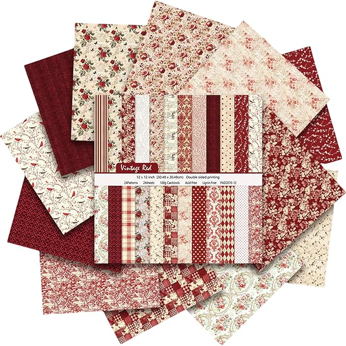 Vintage Red Scrapbook Paper, 12x12 Paper Pad, 24 Sheets/ 12 Designs Flower Garden Pattern Paper Vintage Rose Scrapbook Specialty Paper Double Sided Floral Decorative Craft Paper