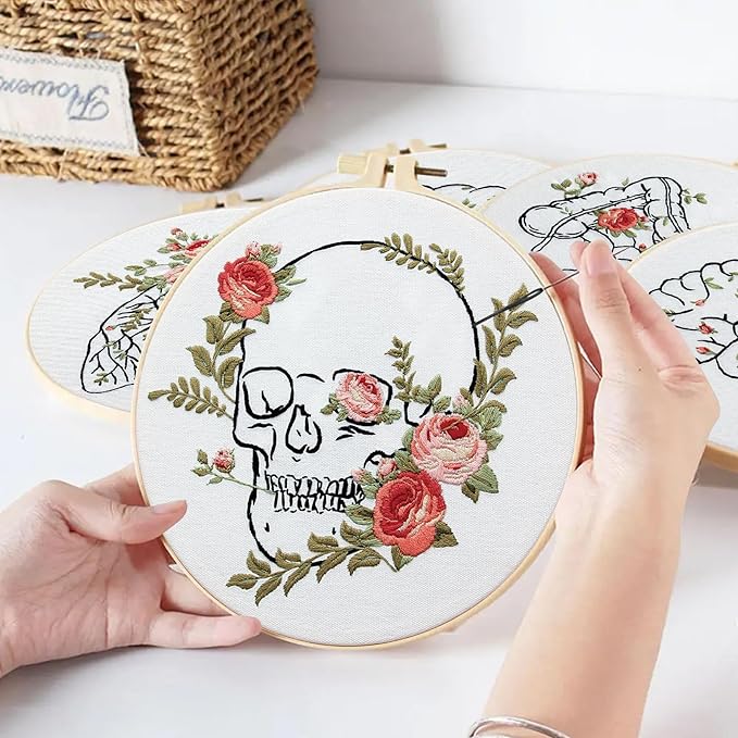 5 Sets Skull Embroidery Kits for Beginners Adults, Anatomy Embroidery Starter Kit for Doctors Nurses Christmas Gifts with Floral Stamped Pattern DIY Needlepoint Kit Cross Stitch Set Includes 2 Hoops