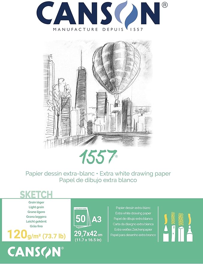 CANSON 1557 Extra White 120gsm A3 Sketch Paper, Light Grain, 50 Sheets, Ideal for Professional Artists & Illustrators