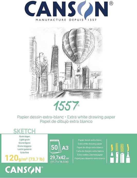 CANSON 1557 Extra White 120gsm A3 Sketch Paper, Light Grain, 50 Sheets, Ideal for Professional Artists & Illustrators