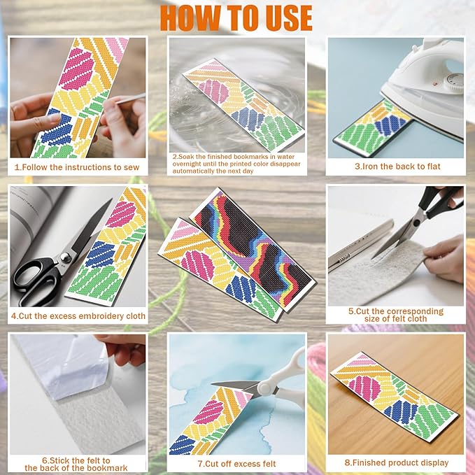 FREEBLOSS 6 Set 11CT Cross Stitch Bookmarks Kit Abstract Color Stamped Cross Stitch Kit DIY Embroidery Bookmark Set with Instruction for Adults Beginners 20x6cm/8x2.4inch