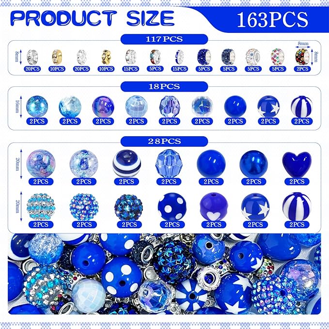 163 Pcs Pen Beads for Beadable Pens: Bubblegum Beads for Pen Making Bulk with Spacer Bead Rhinestone Bead (Royal Blue)