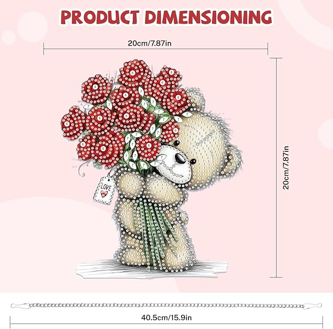 Bowetile Valentine's Day Diamond Art Hanging Kits for Adults, Diamond Art Suncatchers Bear, 5D Special Shape Diamond Painting Red Roses Pendant Window Ornament Gifts for Home Door Wall Decor