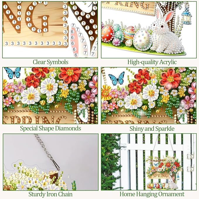 CEOVR Spring Hanging Diamond Painting, Easter Bunny Diamond Art for Adults Pendant DIY Spring Gem Art Wall Hanging Ornament, Acrylic Home Garden Decor with Chain, Box Kit 7.75×7.17inch