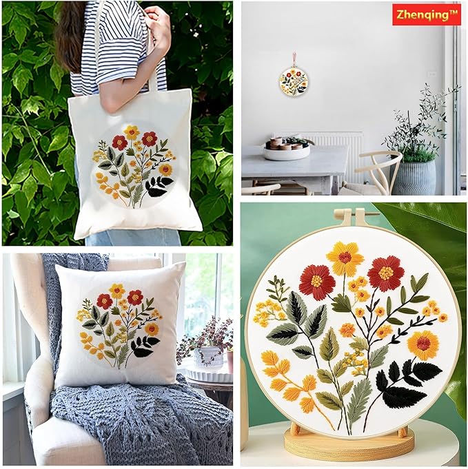 Zhenqing Floral Embroidery Kit for Beginners - Complete Set with Pre-Printed 29x29cm Cotton Fabric, Hoop, Threads & Tools (C0126)