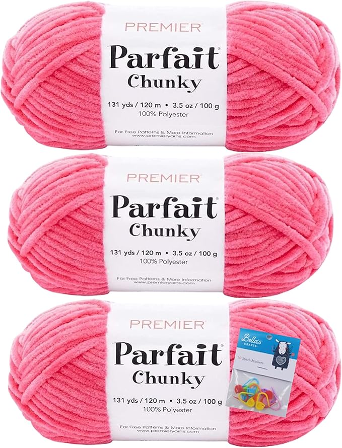 Premier Yarns Parfait Chunky Chenille Yarn 3.5 Oz 6 Super Bulky Weight 3 Pack Bundle with Bella's Stitch Place Holders (Hibiscus)