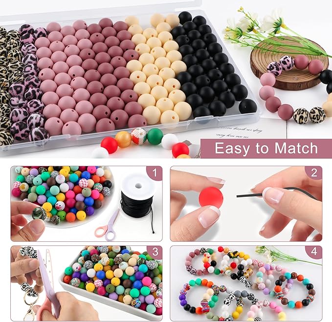 150Pcs Mixed Color 15mm Silicone Beads for Keychain Making, Beige Blush Leopard Print Silicone Beads for Pens and Bracelet Jewelry Making