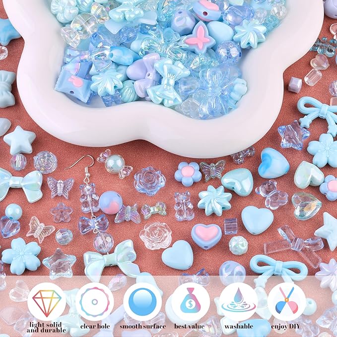 200-260PCS TINKRSTUFF Assorted Acrylic Beads Blue Cute Beads for Bracelet Making,Bow Aesthetic Star Flower Butterfly GummyBear Round Kawaii Charms for Jewelry Necklace Making DIY Keychain Phone Charm