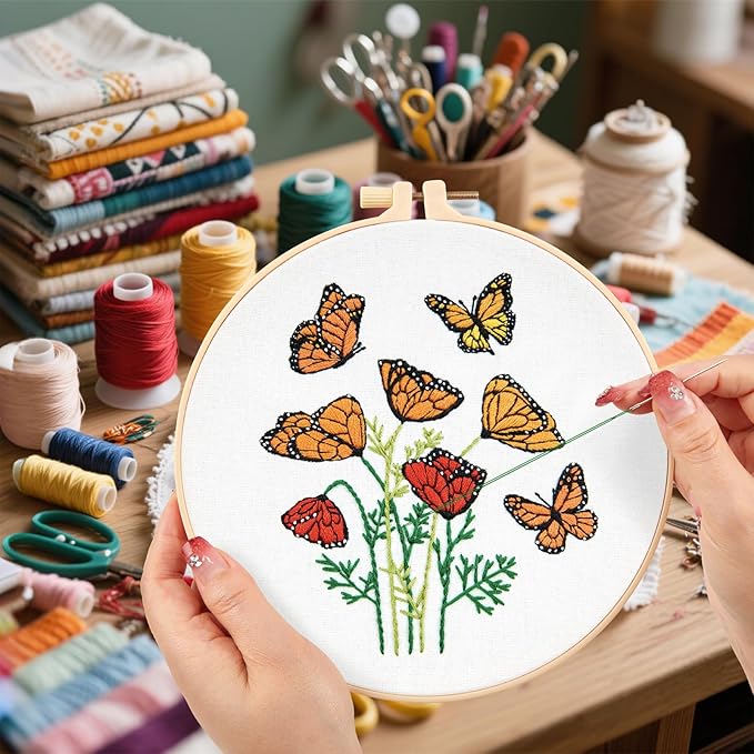Flowers Embroidery Kits for Beginners Adults, Butterfly Hand Embroidery Starter Kits, Bee Cross Stitch Kits for Beginner Needlepoint DIY Kits for Adult, 2 Set Embroidery Hoops, Thread & Video Tutorial