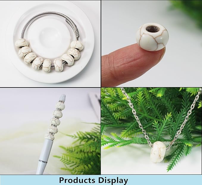 PAMIR TONG Large Hole Turquoise White Beads for Bracelet 100pcs European Gemstone Beads Howlite Rondelle Space Craft Beads for Pens-DIY Charms-Jewelry Making (White Large Beads)