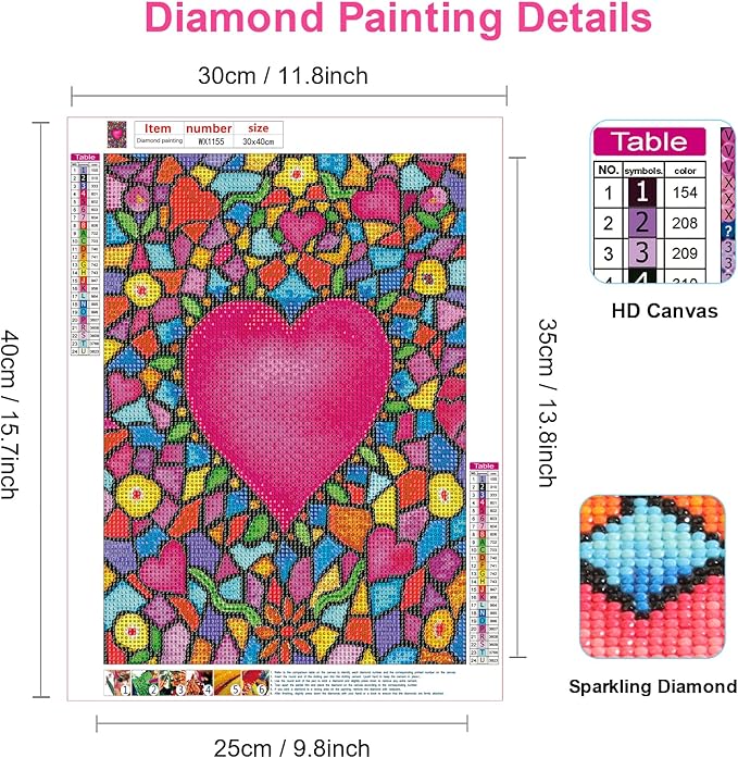 NAIMOER Valentines Diamond Art Kits Heart for Adults, Love Diamonds Art Kits Round Full Drill Diamond Arts Kit Heart Diamond Picture Arts Craft for Home Wall Decor 11.8x15.8 inch