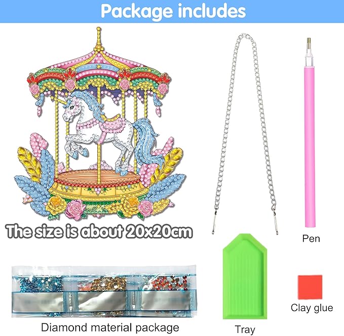 Reofrey Hanging Diamond Art Kits for Adults - 8x8 Inch Carousel Acrylic Board Double Sided Pattern Diamond Painting Suncatcher Pendant, DIY Crystal Art for Home Wall or Window Decoration Handmade Gift