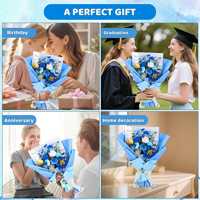 Iuuidu Crochet Kit, Flower Bouquet Crochet Kit for Beginners, Crochet Bouquet Kit Rose with Step-by-Step Video Tutorials for Lover Anniversary Birthday Wedding Home Decor (Blue)