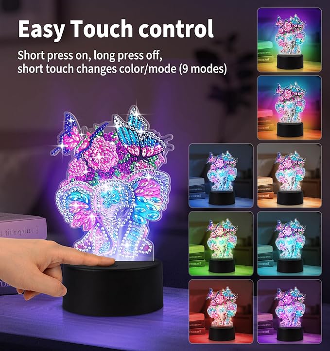 ALKALO Diamond Painting Night Light, Diamond Painting Kits For Adults Desktop Ornaments For Table Tabletop Decor Diamond Art Accessories For Adult Beginner Touch Lamp for Bedrooms Living Room-Elephant