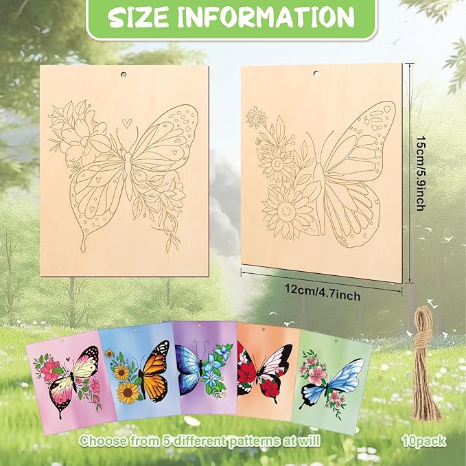 COCHIE 10 Pieces Large Spring Butterfly Unfinished Wood Crafts to Paint for Adults, Bulk Predrilled Wooden Ornaments for Painting, Butterflies Paintable Wood Slices Craft Supplies with Ropes