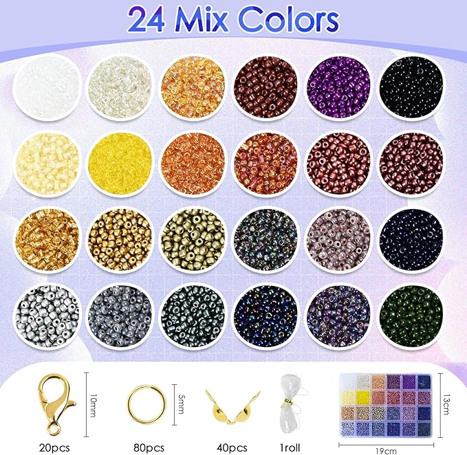 Vtssvow 3mm Glass Seed Beads for Bracelets Making, 24 Colors 10000pcs Friendship Bracelet Making Kit, Small Glass Beads for Jewelry Making (Mix 24 Color, Metallic)