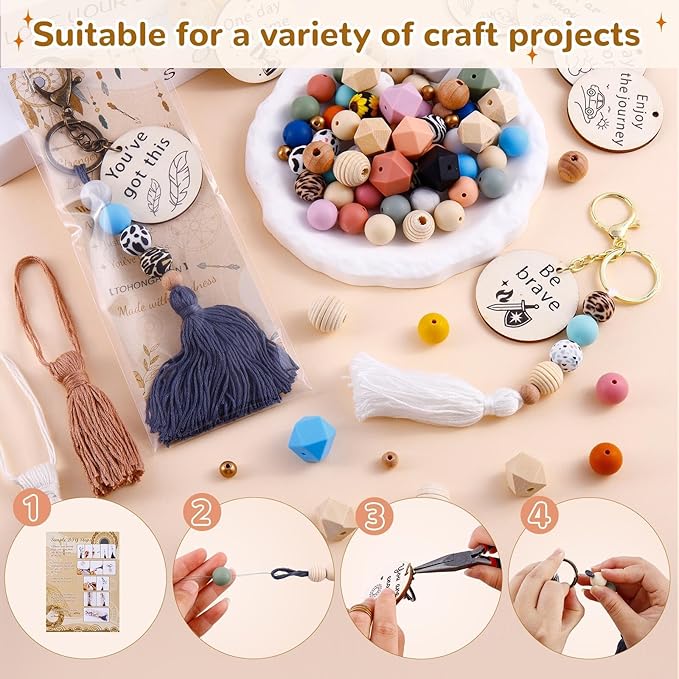 tohongadon 169 pcs silicone beads for keychain making kit, 15mm rubber round beads, hexagon lentil round beads, silicone beads kit with encourage round wood chips for keychains bracelet making