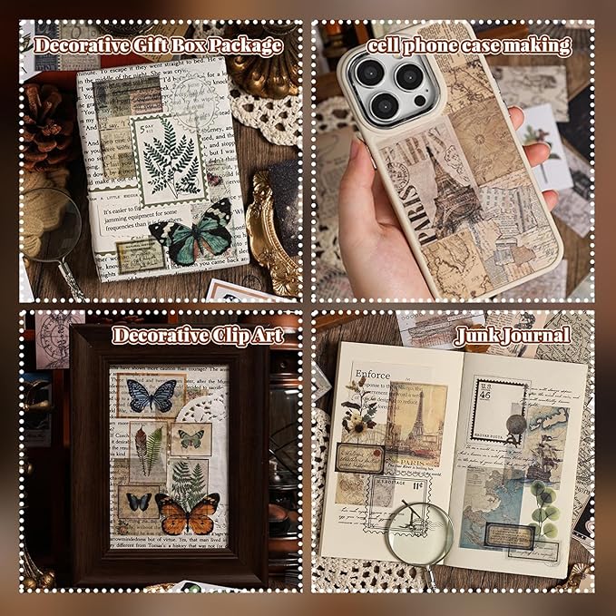300Pcs Washi Scrapbook Supplies Sticker Set,Nature Vintage Scrapbooking Decals for Junk Journal Supplies Card Making Envelopes Paper Stationery Collage