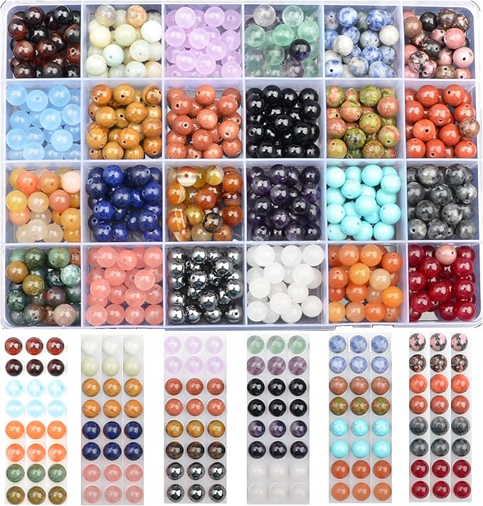 6mm natural mixed materials gemstones beads tiny spacer round loose beads jewelry making kit with thread 960 pcs(24 natural, 6mm)