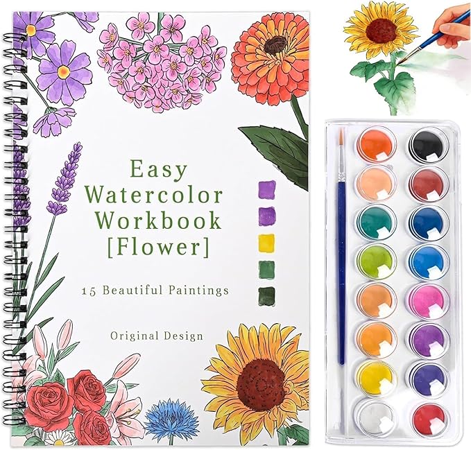 Watercolor Workbook,15 Flower Patterns of Original DIY Designs,16 Colors Watercolor Paint Set with Brush Palett,Beginner-Friendly Water Color Workbooks,Water Coloring Book for Adults