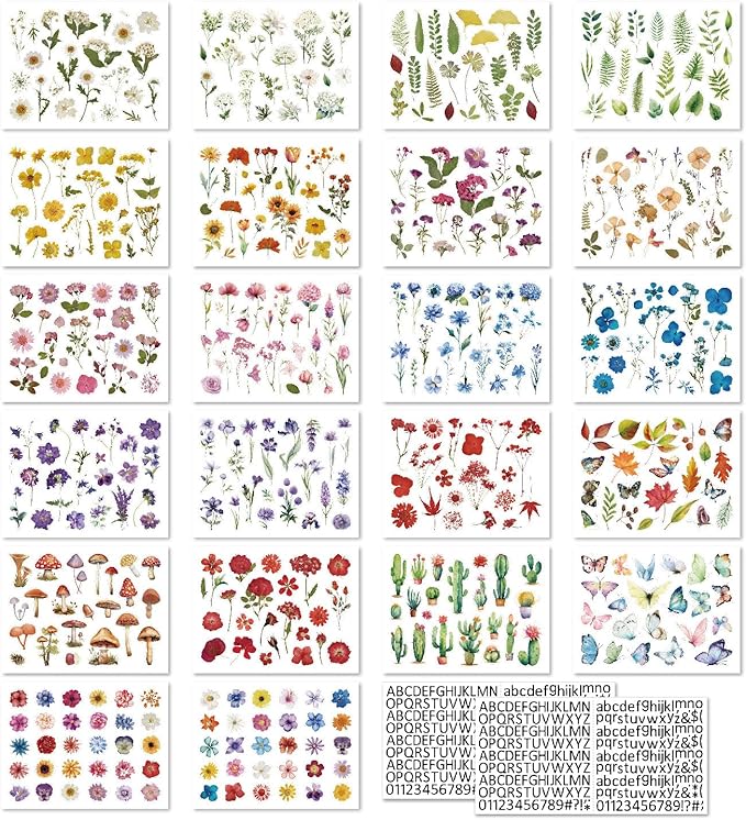 500Pcs Natural Flower Stickers with 260Pcs Letter Stickers,Self-Adhesive Flower Sticker for Scrapbooking Supplies Junk Journal Bullet Journal Planner Laptop