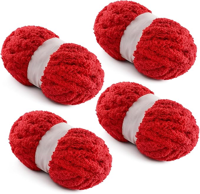 4 Pack Chunky Yarn for Hand Knitting - Chunky Chenille Blanket Yarn for Crocheting - Jumbo Fluffy Yarn for Crochet - Super Bulky Yarn 25 yds 7.7 oz Each Skein (Red)