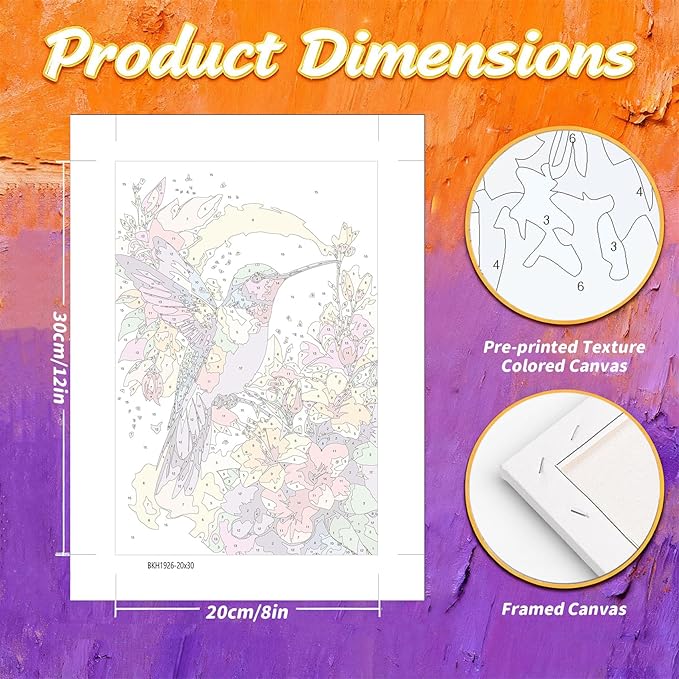 Gemozaic Framed Paint by Numbers Kit for Adults, Hummingbird Adults Paint by Number Kits on Canvas with Wooden Easel for Home, Office, Wall Decor, 8 x 12 Inch