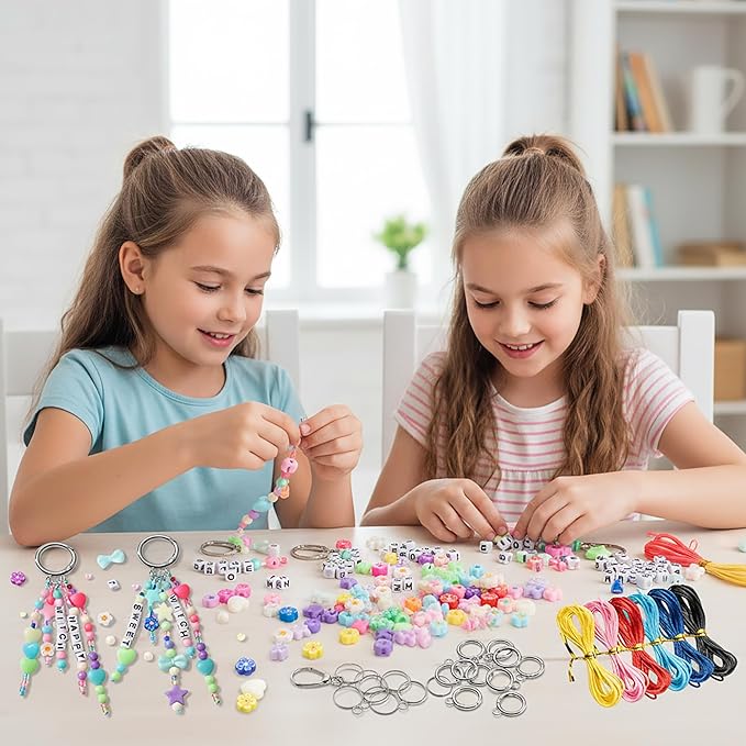 WATINC DIY Keychain Making Crafts Kits - Adjustable Letter Alphabet Beads Strings Keychain Flower Star Bow Beads Bulk, Bag Charms with Key Ring Supplies Jewelry Accessories Making Kit (2355PCS)
