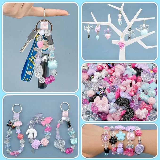 ABONDEVER 245-300Pcs Assorted Acrylic Beads for Bracelets Making Cute Star Bow Flower Candy Heart Gummy Bear Butterfly Aesthetic Beads for DIY Jewelry Crafts Keychain Necklace Phone Charms(5 Colors-B)