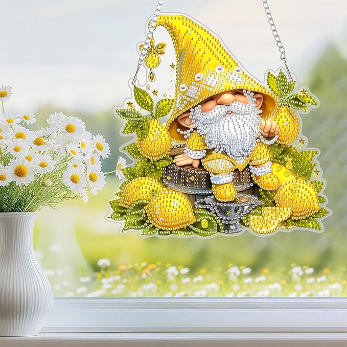 NEWENMO Diamond Art Hanging Kit for Adult, Lemon Gnome, DIY Double Sided Acrylic Special Shaped Diamond Art Painting Window Pendant Lemon Party Gnome, Home Garden Wall Hanging Ornament Kits