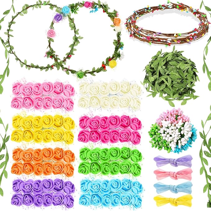 Syhood Rose Style Crowns Making Kit, 168 Pcs Parts, Make Your Own Flower Crown Wreath Headbands Craft Set Hair Accessories Handmade DIY Floral Crown Garland Kit Presents for Woman Adult Party