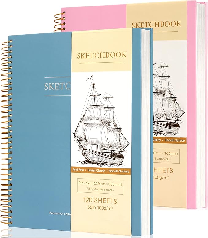 2 Pack Hardcover Sketchbook for Drawing 120 Sheets Spiral Bound 9 x 12 Sketch Pad Premium Art Sketchbook Artistic Drawing Painting Writing (68lb/100gsm) for Kids Adults Beginners Artists, Pink+Blue